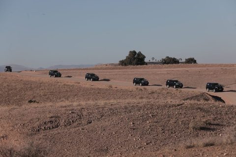 Konvoi schwarzer Geländewagen auf einer Wüstenpiste