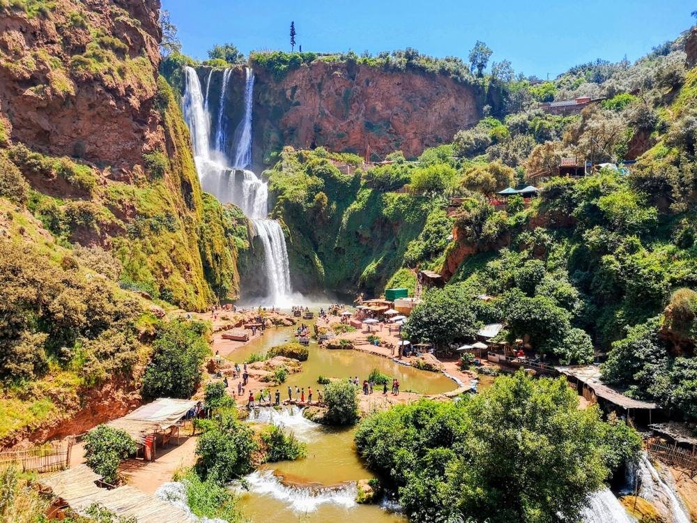 The Ouzoud waterfalls and their pool surrounded by greenery